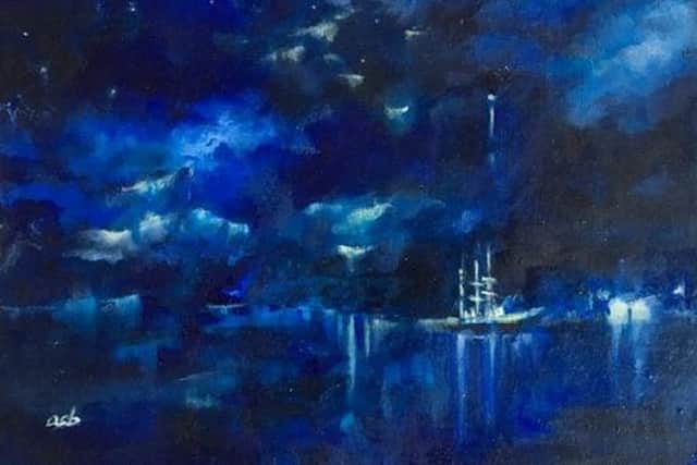 Part of Annie Broadley's painting Night, Laurie Island, showing The Scotia at anchor (Picture courtesy of Annie Broadley)