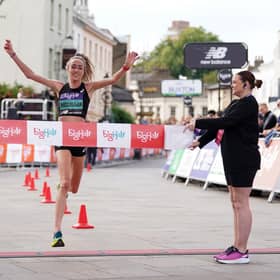 Eilish McColgan celebrates winning the Big Half, which runs from Tower Bridge to Greenwich, London.