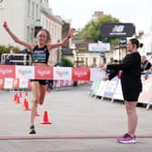 Eilish McColgan celebrates winning the Big Half, which runs from Tower Bridge to Greenwich, London.