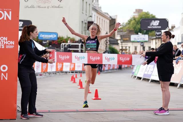 Eilish McColgan celebrates winning the Big Half, which runs from Tower Bridge to Greenwich, London.