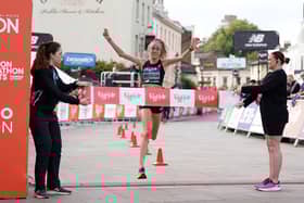 Eilish McColgan celebrates winning the Big Half, which runs from Tower Bridge to Greenwich, London.