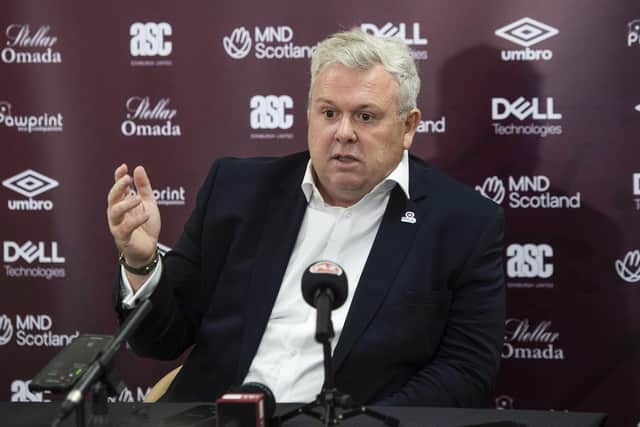 Hearts chief executive Andrew McKinlay addresses the media at Tynecastle.