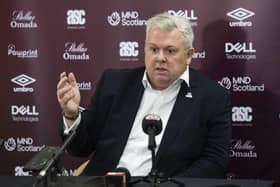 Hearts chief executive Andrew McKinlay addresses the media at Tynecastle.
