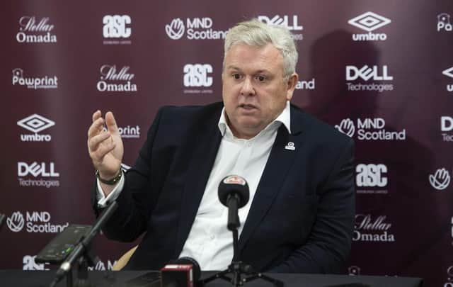 Hearts chief executive Andrew McKinlay addresses the media at Tynecastle.