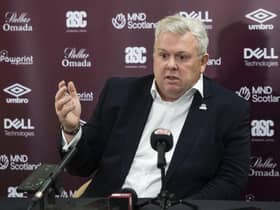 Hearts chief executive Andrew McKinlay addresses the media at Tynecastle.