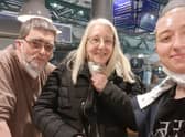 Varvara Shevtsova, from Kyiv, takes her first selfie with her Scottish host family, Harry and Catriona Smart, at Edinburgh's Waverley Station. Picture: Valvara Shevtsova