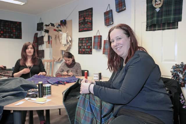 Amanda Moffet one of directors of The Kiltmakery with her team of kilt makers (Photo: Neil Hanna Photography).