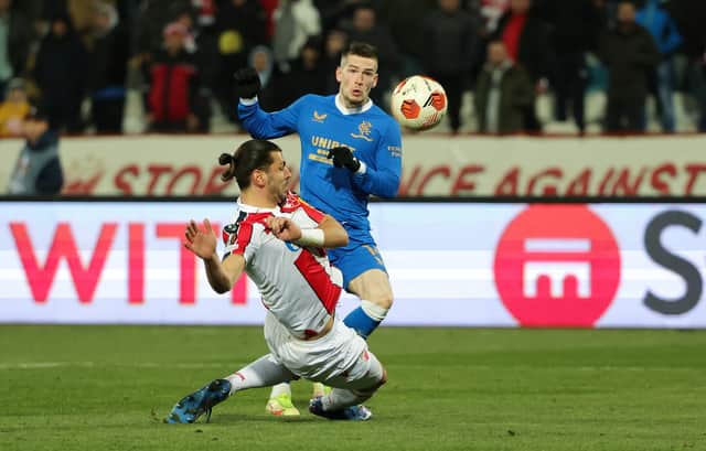Ryan Kent's shot is deflected off Aleksandar Dragovic to draw Rangers level at 1-1 in the 56th minute of their Europa League match against Red Star Belgrade in Serbia. (Photo by Srdjan Stevanovic/Getty Images)