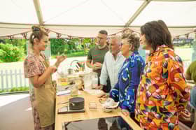 Tasha with Paul, Prue, Noel and interpreter Daryl during Pastry Week in the Bake Off tent. 
