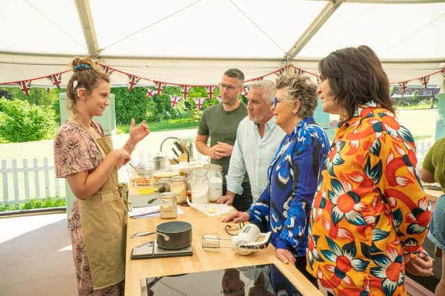 Tasha with Paul, Prue, Noel and interpreter Daryl during Pastry Week in the Bake Off tent. 