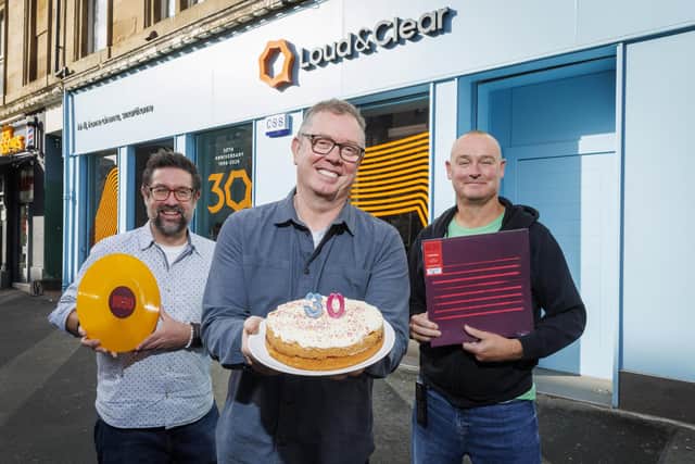 George Clegg (senior sales), Allan Boyd (founder of Loud & Clear), and John Morrison (showroom manager), pictured outside the Glasgow store. Picture: Colin Mearns