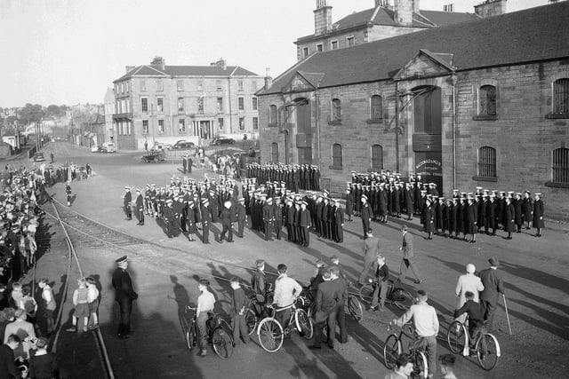 RNVR HMS Claverhouse 4th Division - Inspection in Granton Square, 1957.