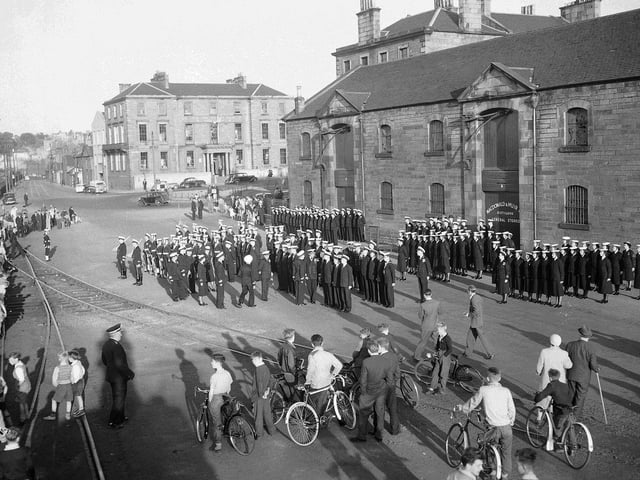 RNVR HMS Claverhouse 4th Division - Inspection in Granton Square, 1957.