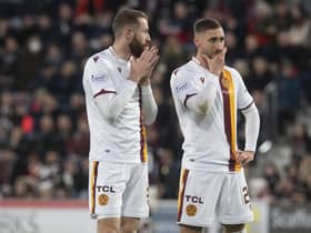 Kevin van Veen, left, handed over penalty duties to his Motherwell team-mate Louis Moult.