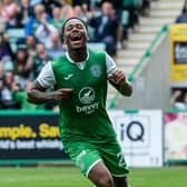 Nathan Moriah-Welsh scores Hibs' fourth goal in the win over Peterhead. (Photo by Paul Devlin / SNS Group)