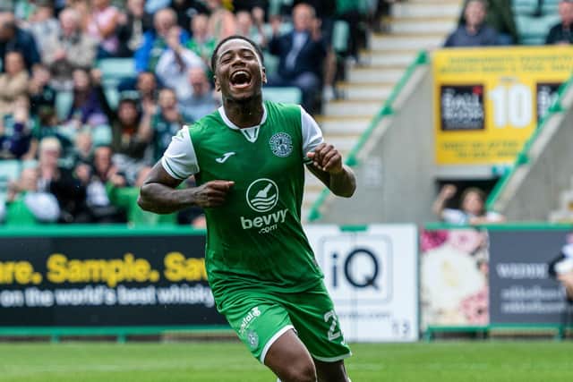 Nathan Moriah-Welsh scores Hibs' fourth goal in the win over Peterhead. (Photo by Paul Devlin / SNS Group)