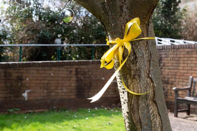 Yellow ribbons are tied to trees in the garden of a Marie Curie hospice for March's National Day of Reflection on the first anniversary of the day Britain entered Covid lockdown  (Photo by Polly Thomas/Getty Images)