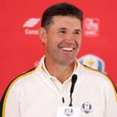 Padraig Harrington smiles as he talks to the media about his tattoo vow prior to the 43rd Ryder Cup at Whistling Straits. Picture: Richard Heathcote/Getty Images.