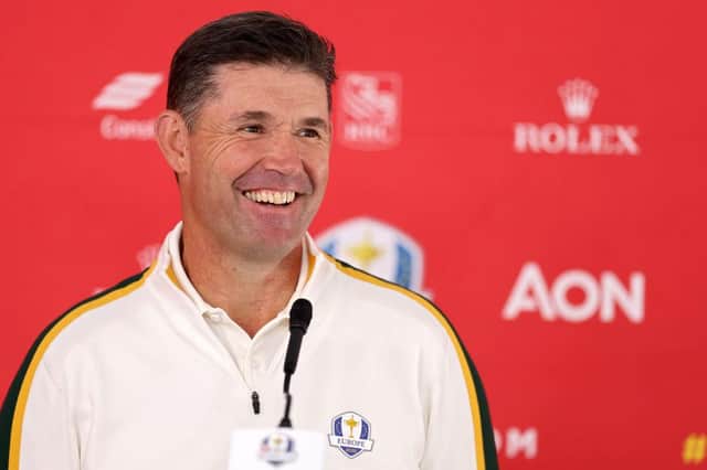 Padraig Harrington smiles as he talks to the media about his tattoo vow prior to the 43rd Ryder Cup at Whistling Straits. Picture: Richard Heathcote/Getty Images.