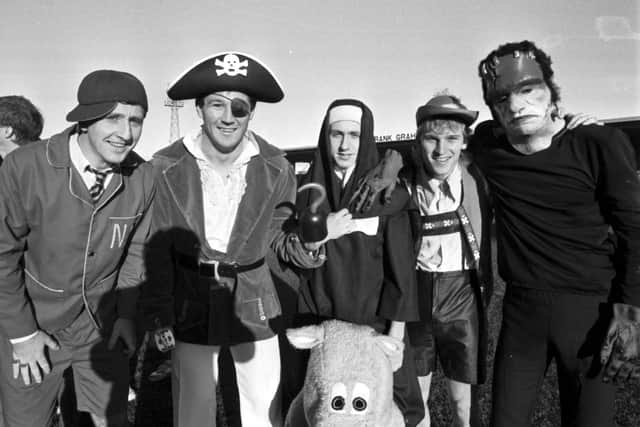 Rae is the pirate, George McCluskey the schoolboy, John Collins the nun and Gareth Evans is William Tell ... Hibs in fancy dress in 1988