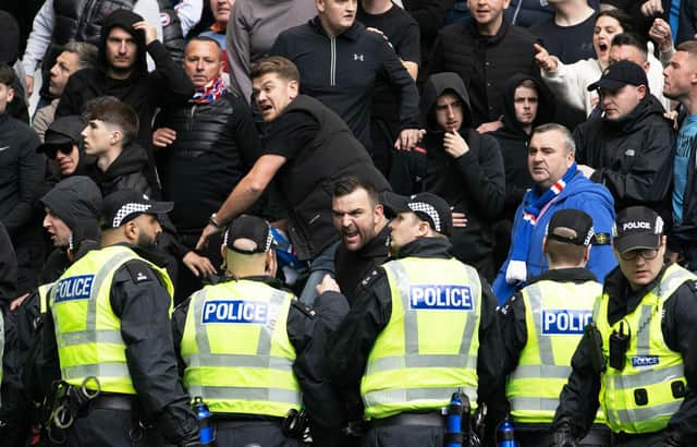 Fans clash at Full Time during a cinch Premiership match between Celtic and Rangers at Celtic Park, on May 01, 2022, in Glasgow, Scotland.  (Photo by Alan Harvey / SNS Group)