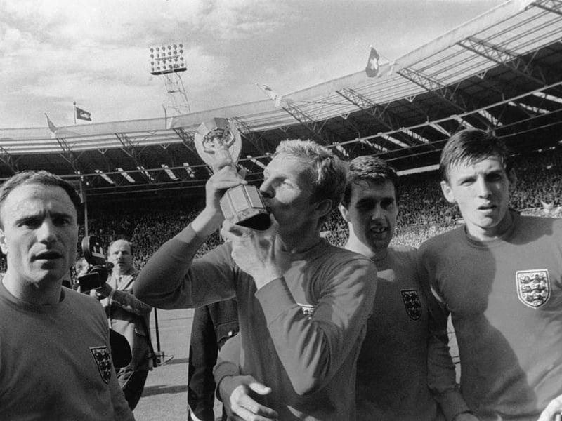 England's one and only victory came on home soil as they lifted the Jules Rimet World Cup at Wembley by beating West Germany 4-2 in extra time. (Photo by Fox Photos/Getty Images)