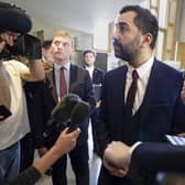 First Minister Humza Yousaf speaks to journalists in the Scottish Parliament. Picture: Jeff J Mitchell/Getty Images