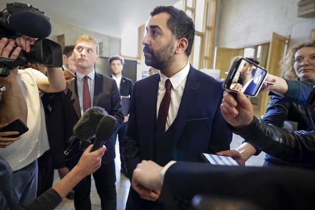 First Minister Humza Yousaf speaks to journalists in the Scottish Parliament. Picture: Jeff J Mitchell/Getty Images