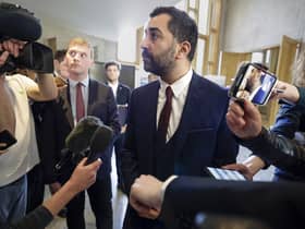 First Minister Humza Yousaf speaks to journalists in the Scottish Parliament. Picture: Jeff J Mitchell/Getty Images