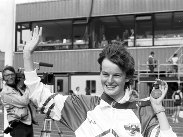 Scottish athlete Yvonne Murray with the bronze medal she won in the Women's 3000m at the Edinburgh Commonwealth Games 1986.