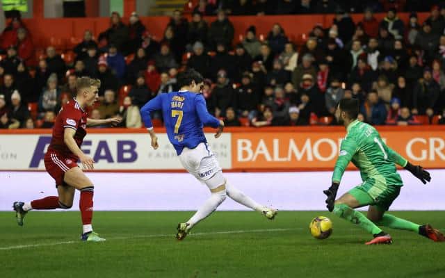 ABERDEEN, SCOTLAND - JANAURY 18: Rangers' Ianis Hagi makes it 1-0, beating Aberdeen goalkeeper Joe Lewis (right) during a Cinch Premiership match between Aberdeen and Rangers at Pittodrie, on January 18, 2022, in Aberdeen, Scotland. (Photo by Craig Williamson / SNS Group)