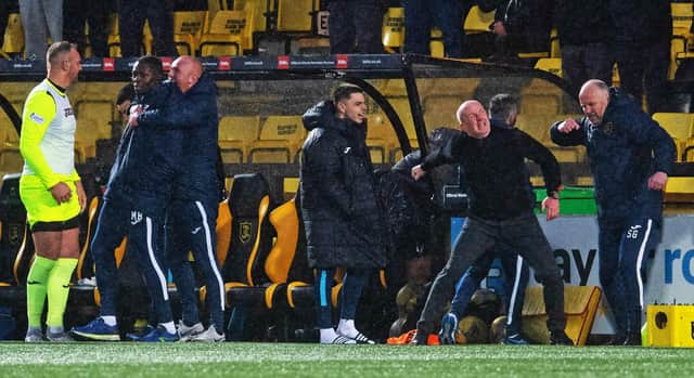 Livingston manager Davie Martindale celebrates beating Aberdeen 2-1. (Photo by Craig Foy / SNS Group)