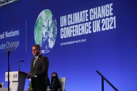 President for COP 26, Alok Sharma, speaks on stage during the opening ceremony at SECC in Glasgow
