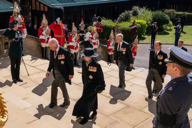 The Prince of Wales, The Princess Royal, The Duke of York, The Earl of Wessex and The Duke of Sussex walk up the West Steps outside St George's Chapel