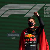 Race winner Max Verstappen of Red Bull Racing celebrates on the podium after the F1 Grand Prix of The Netherlands at Circuit Zandvoort. (Photo by Francisco Seco - Pool/Getty Images)