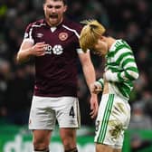 Celtic’s Kyogo Furuhashi points to his stomach after an altercation with John Souttar. (Photo by Craig Foy / SNS Group)