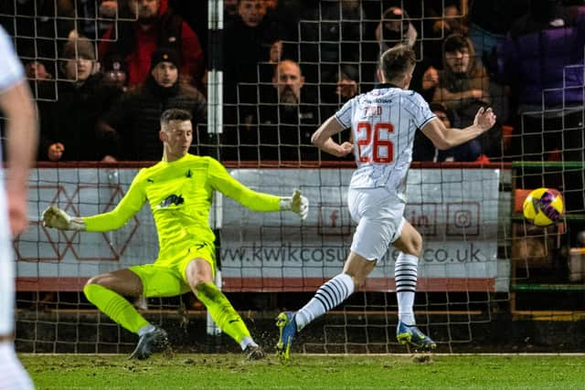 Matty Todd scores Dunfermline's second goal in the 2-0 win over Falkirk.