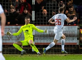 Matty Todd scores Dunfermline's second goal in the 2-0 win over Falkirk.