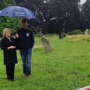 Scotland fan Alistair Firth with Emma Wilson from the Richmond cemetery office