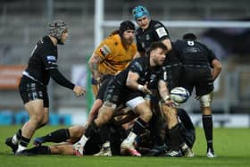 Ali Price of Glasgow Warriors passes the ball during the Heineken Champions Cup Pool B match between Exeter Chiefs and Glasgow Warriors at Sandy Park on December 13, 2020 in Exeter, England. (Photo by David Rogers/Getty Images)