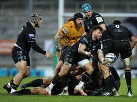 Ali Price of Glasgow Warriors passes the ball during the Heineken Champions Cup Pool B match between Exeter Chiefs and Glasgow Warriors at Sandy Park on December 13, 2020 in Exeter, England. (Photo by David Rogers/Getty Images)