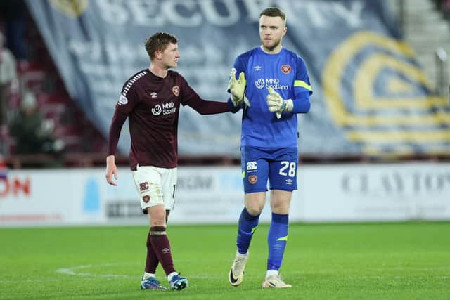 Hearts' Kye Rowles and Zander Clark walk off following the 2-2 draw with Ross County.