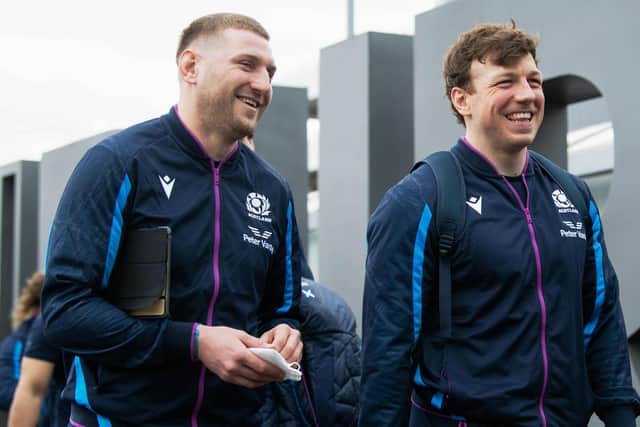 Finn Russell, left, and Hamish Watson at Edinburgh Airport ahead of Scotland's flight to Rome for the Six Nations game against Italy. (Photo by Ross Parker / SNS Group)