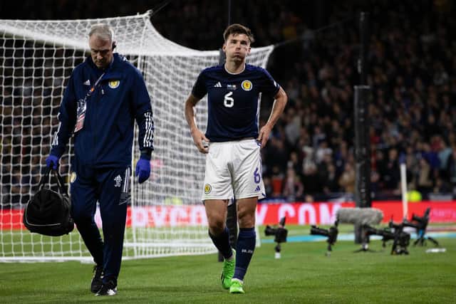 Scotland left-back Kieran Tierney comes off with a head knock during the match against Ireland at Hampden on Saturday. (Photo by Craig Williamson / SNS Group)