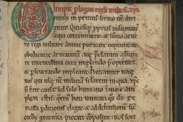 This colourful manuscript of the rule of the Knights Templar order, which was dissolved in 1312, was probably written in England in the 12th century. Written in Latin, it sets out the code of conduct for the religious crusaders in fascinating detail. Picture: NLS