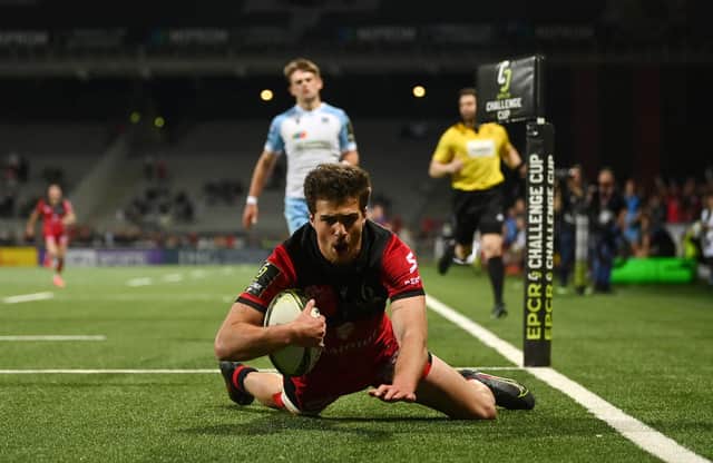 Davit Niniashvili of Lyon dives over to score his side's third try during the ECPR Challenge Cup Quarter Final win over Glasgow Warriors. (Photo by Dan Mullan/Getty Images)