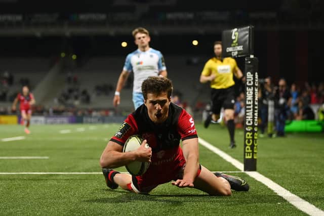 Davit Niniashvili of Lyon dives over to score his side's third try during the ECPR Challenge Cup Quarter Final win over Glasgow Warriors. (Photo by Dan Mullan/Getty Images)