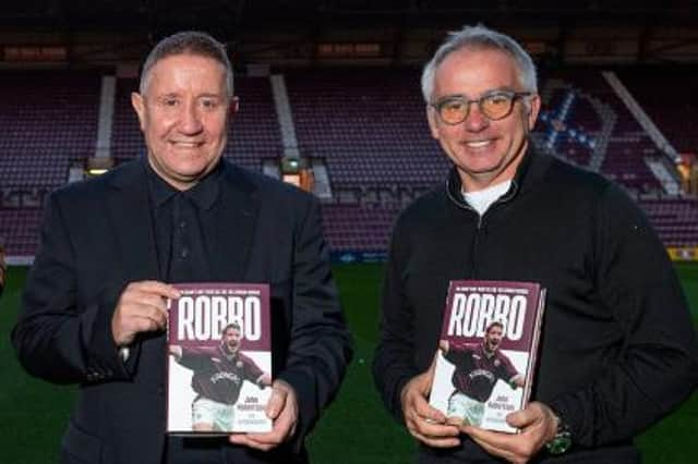 John Robertson with John Colquhoun at Tynecastle Park for the launch of 'Robbo'. (Photo by Mark Scates / SNS Group)