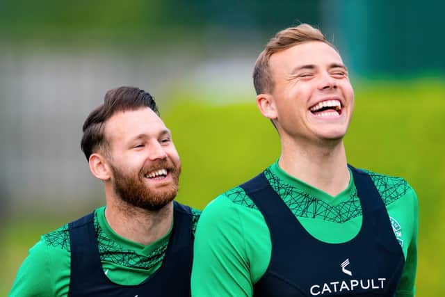 Hibs' Martin Boyle (left) with Ryan Porteous during a training session. The defender was happy to see his mate extend his contract with the club until 2024. Mark Scates / SNS Group
