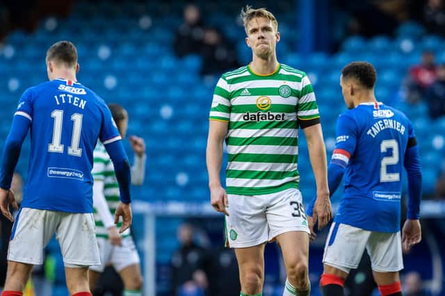 A dejected Kristoffer Ajer at the end of Celtic's defeat at Ibrox on Saturday that has he admits has left Neil Lennon's men requiring to win all of their remaining 19 Premiership games to overhaul Steven Gerrard's runaway league leaders. (Photo by Alan Harvey / SNS Group)